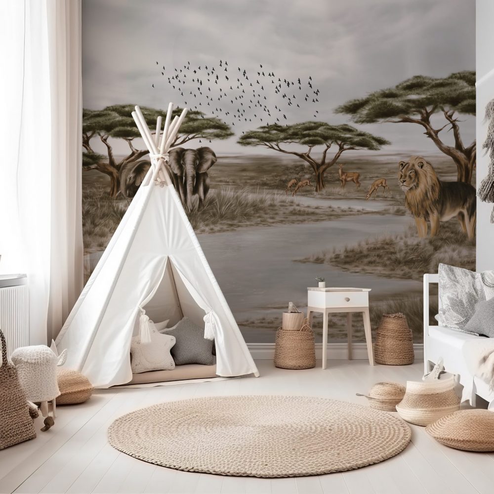 Modern kids' room with a blank white wall. interior mockup in the Scandinavian design. Free copy room for your poster or picture. toys, rattan basket, and bed. cozy space for children